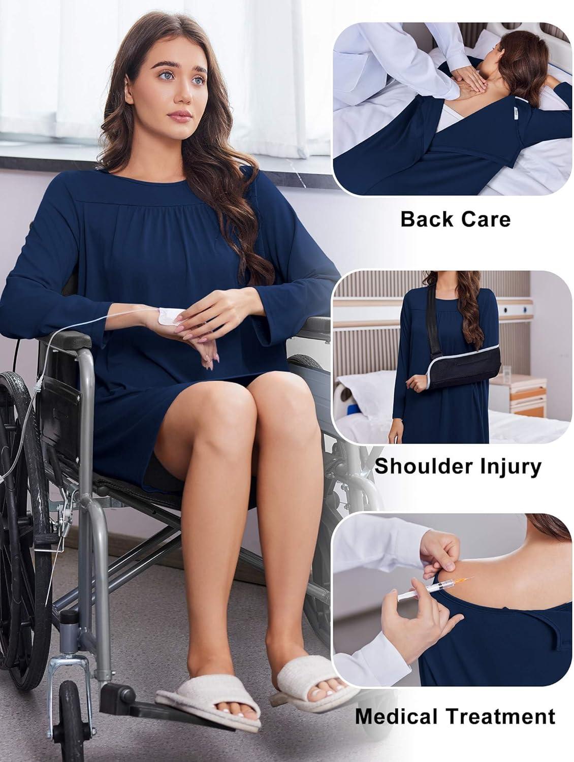 imageDeyeek Hospital Gowns for Women Open Back Tear Away Post Surgery Dress Long Sleeve with Shoulder Snaps Adaptive NightgownsNavy
