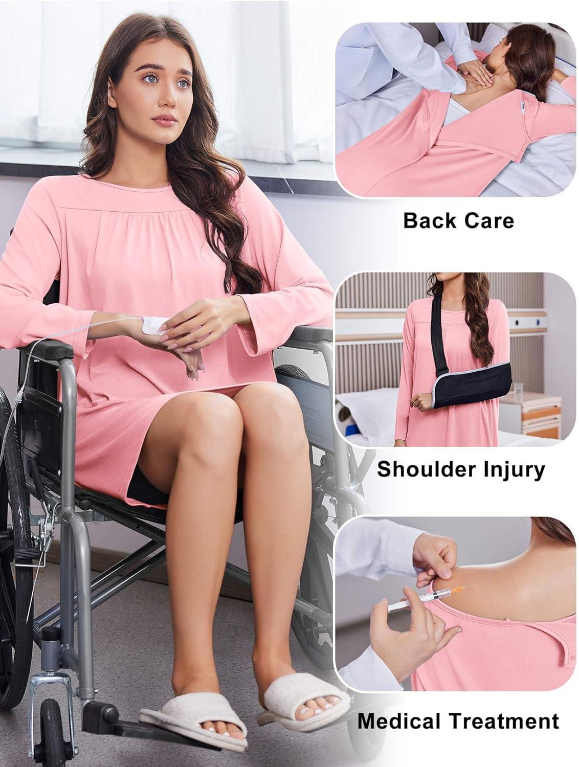 imageDeyeek Hospital Gowns for Women Open Back Tear Away Post Surgery Dress Long Sleeve with Shoulder Snaps Adaptive NightgownsPink