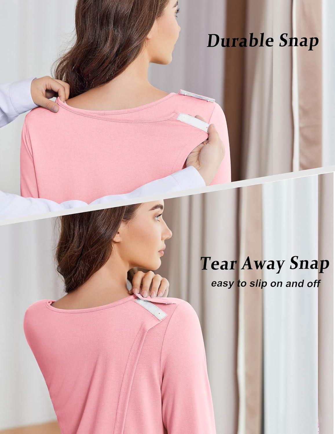 imageDeyeek Hospital Gowns for Women Open Back Tear Away Post Surgery Dress Long Sleeve with Shoulder Snaps Adaptive NightgownsPink