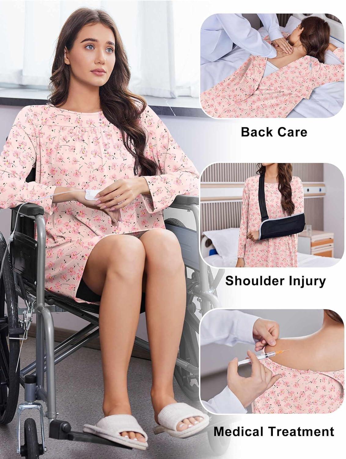 imageDeyeek Hospital Gowns for Women Open Back Tear Away Post Surgery Dress Long Sleeve with Shoulder Snaps Adaptive NightgownsPink Print