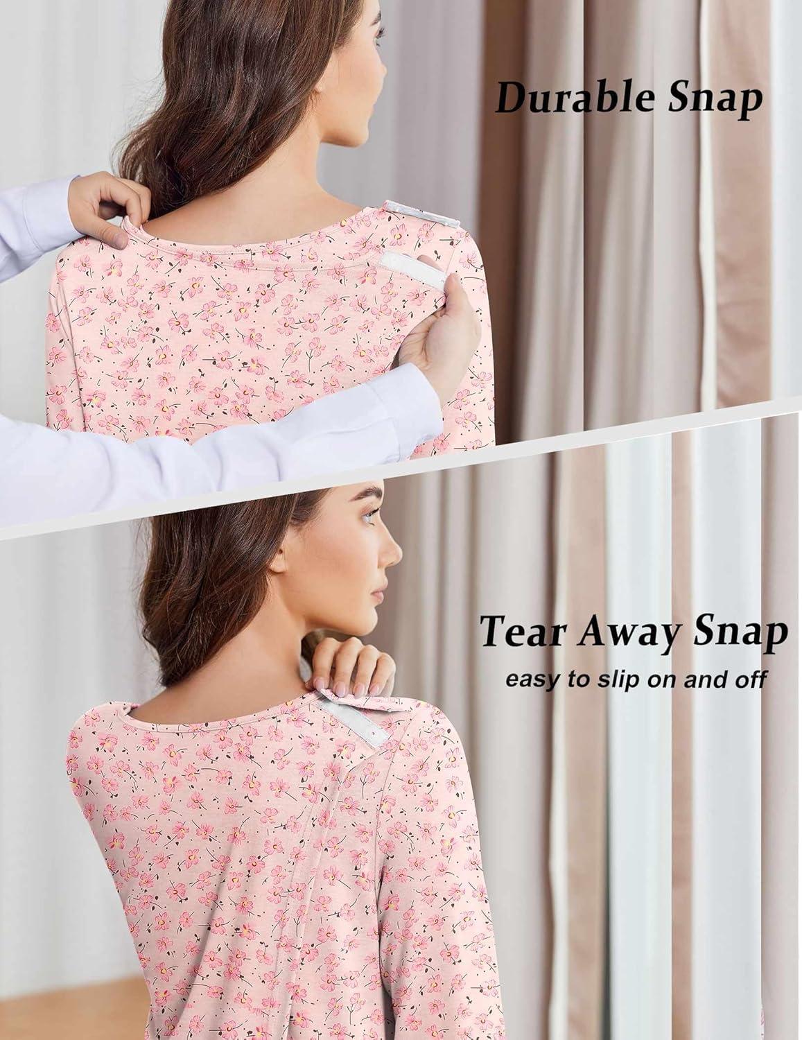 imageDeyeek Hospital Gowns for Women Open Back Tear Away Post Surgery Dress Long Sleeve with Shoulder Snaps Adaptive NightgownsPink Print