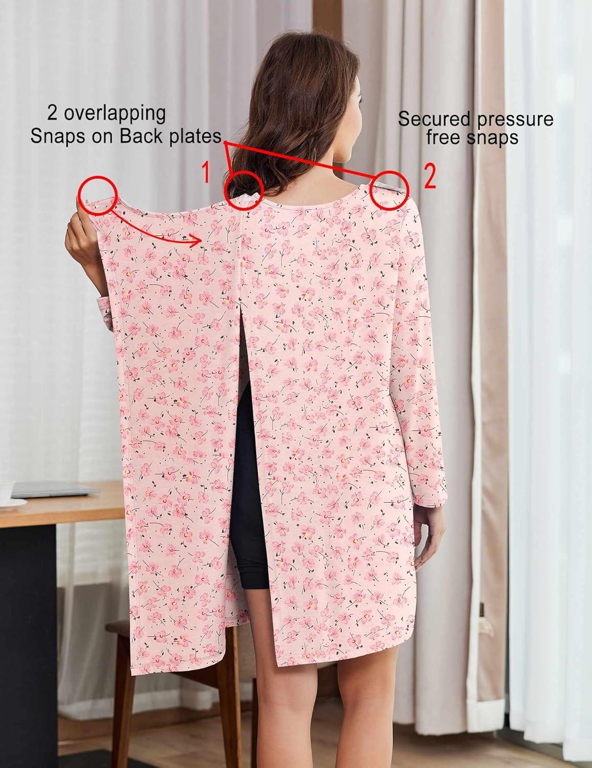 imageDeyeek Hospital Gowns for Women Open Back Tear Away Post Surgery Dress Long Sleeve with Shoulder Snaps Adaptive NightgownsPink Print