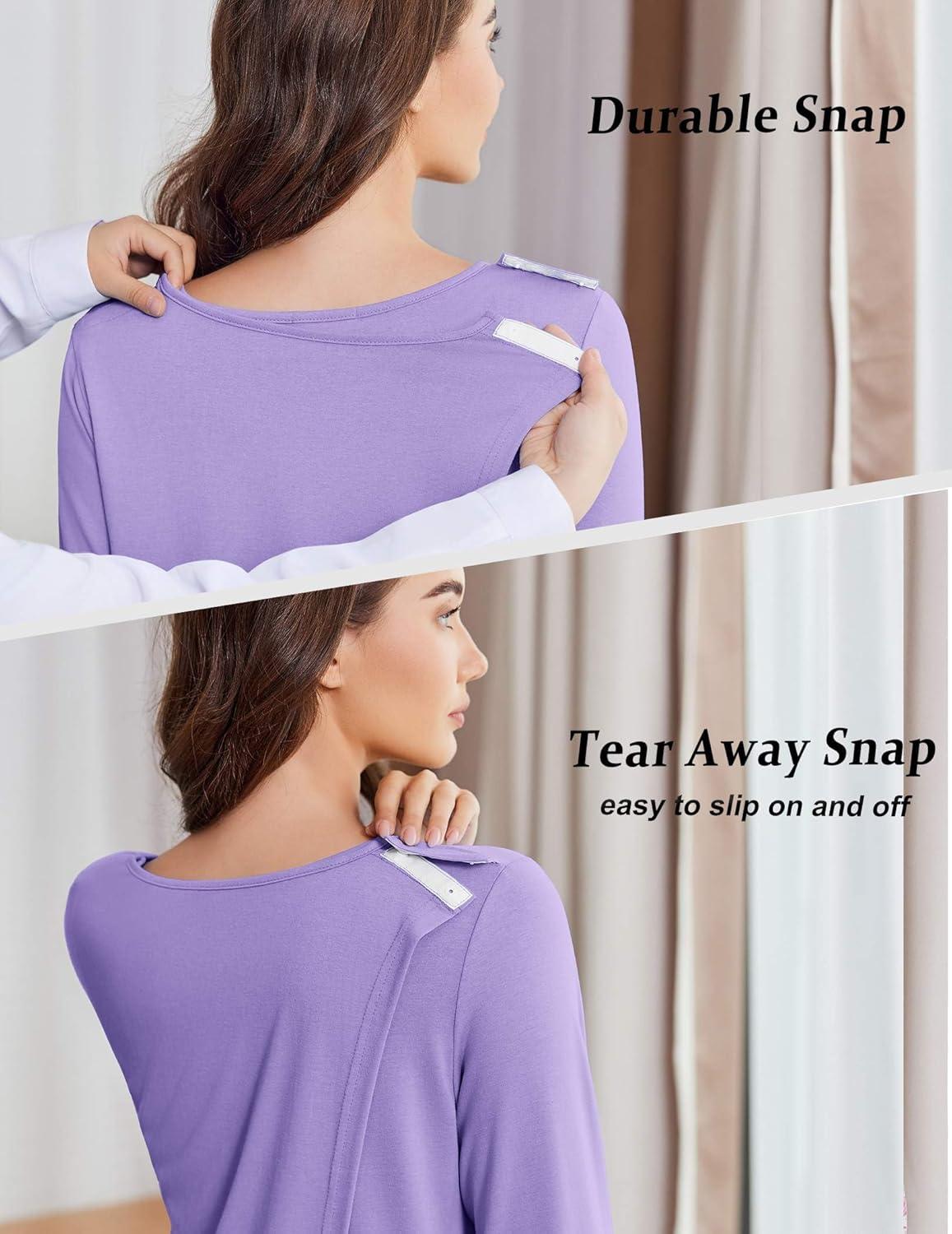 imageDeyeek Hospital Gowns for Women Open Back Tear Away Post Surgery Dress Long Sleeve with Shoulder Snaps Adaptive NightgownsPurple