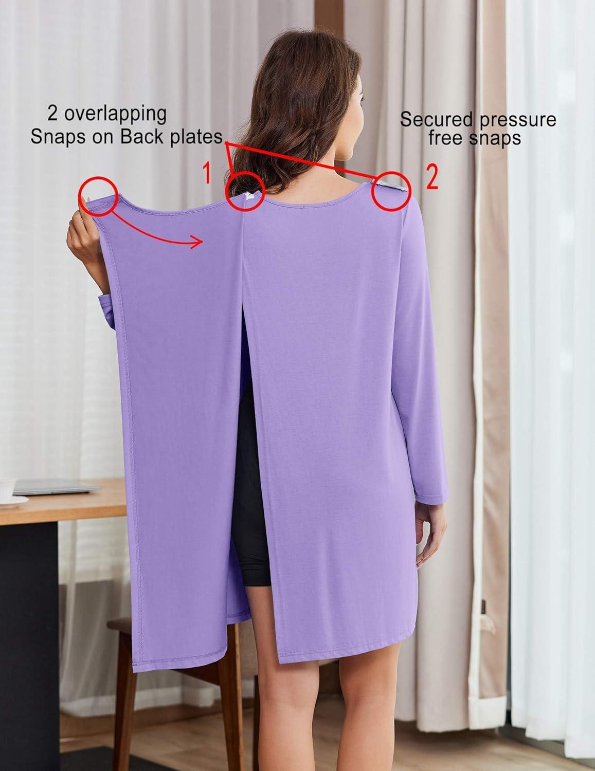 imageDeyeek Hospital Gowns for Women Open Back Tear Away Post Surgery Dress Long Sleeve with Shoulder Snaps Adaptive NightgownsPurple