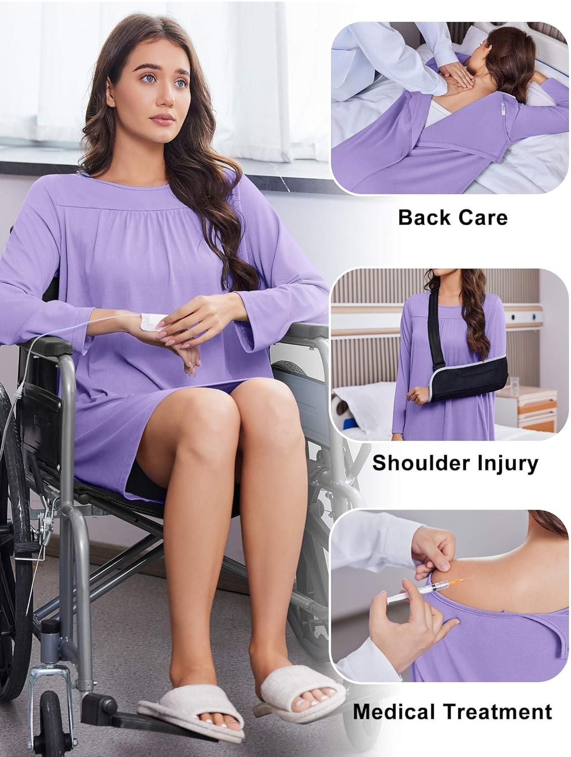 imageDeyeek Hospital Gowns for Women Open Back Tear Away Post Surgery Dress Long Sleeve with Shoulder Snaps Adaptive NightgownsPurple