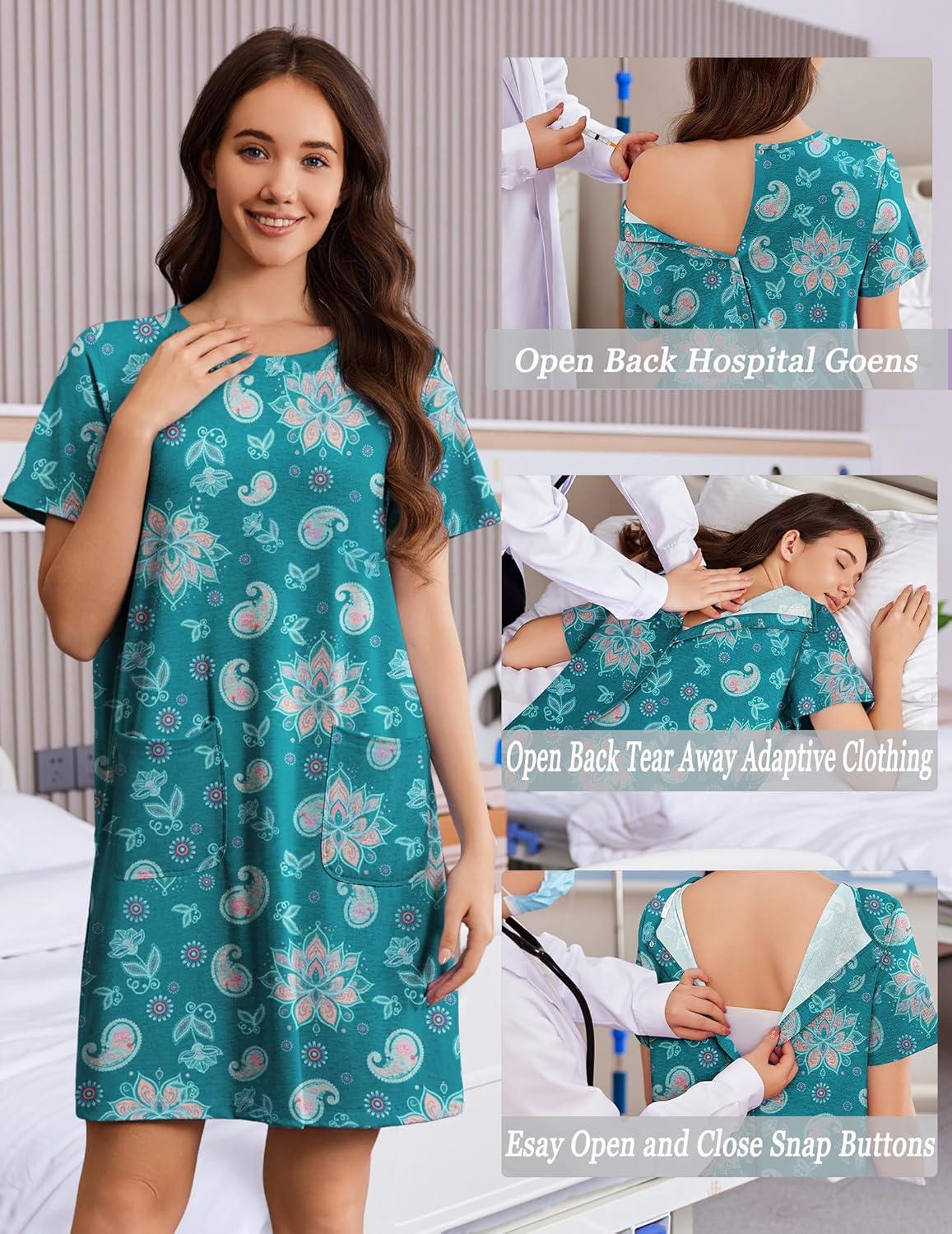 imageDeyeek Hospital Gowns for Women Open Back Tear Away Snap Nursing Dress Short Sleeve Soft Adaptive Clothing With PocketsDark Green Print