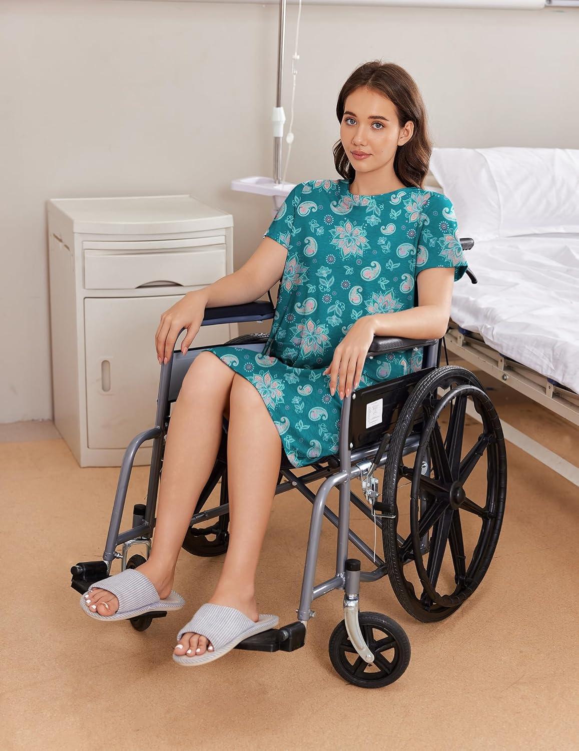 imageDeyeek Hospital Gowns for Women Open Back Tear Away Snap Nursing Dress Short Sleeve Soft Adaptive Clothing With PocketsDark Green Print