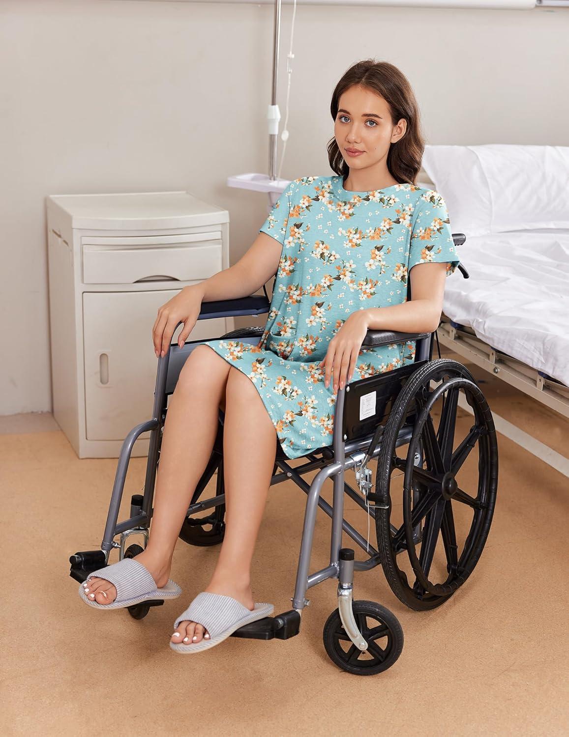 imageDeyeek Hospital Gowns for Women Open Back Tear Away Snap Nursing Dress Short Sleeve Soft Adaptive Clothing With PocketsGreen Print