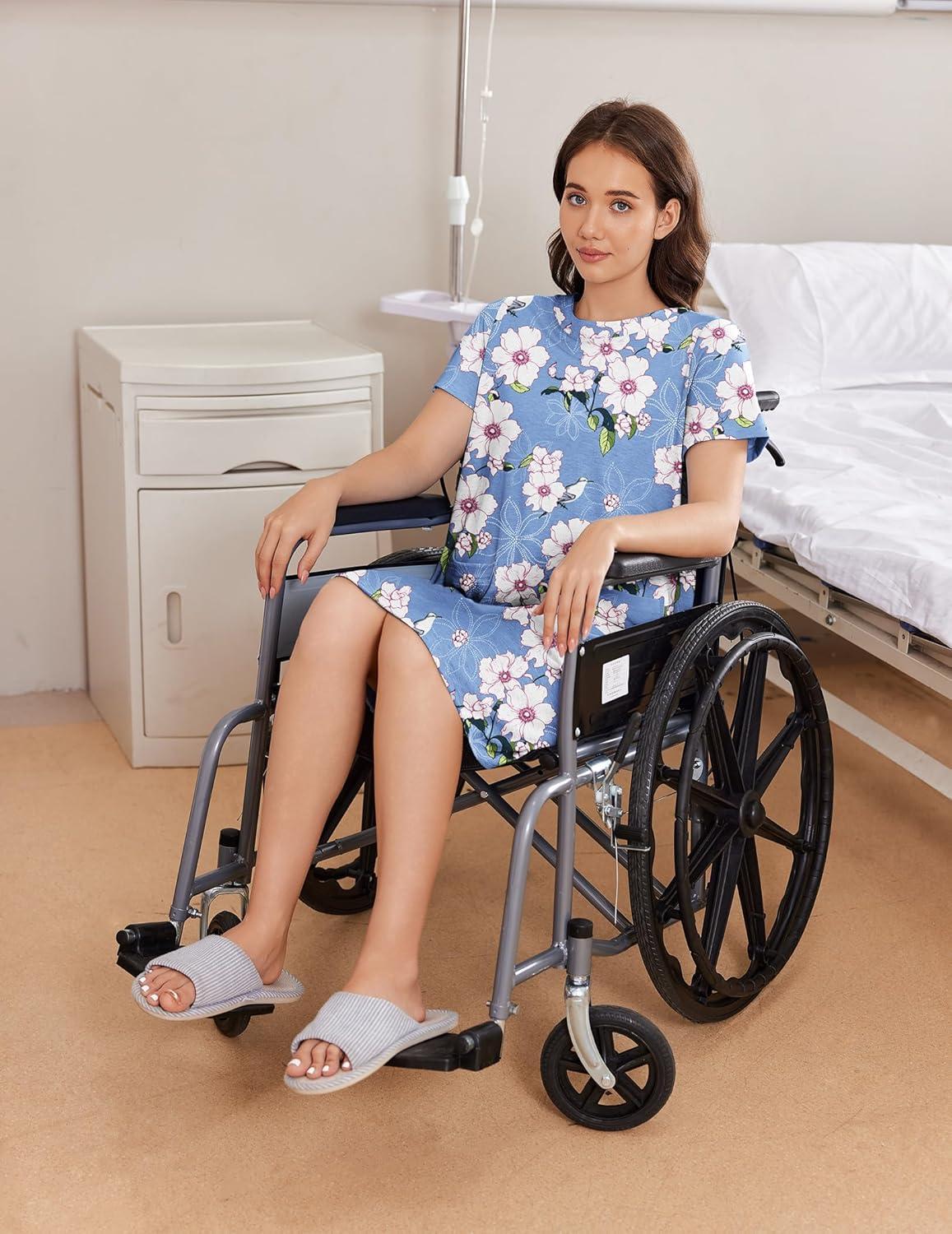 imageDeyeek Hospital Gowns for Women Open Back Tear Away Snap Nursing Dress Short Sleeve Soft Adaptive Clothing With PocketsLight Blue Print