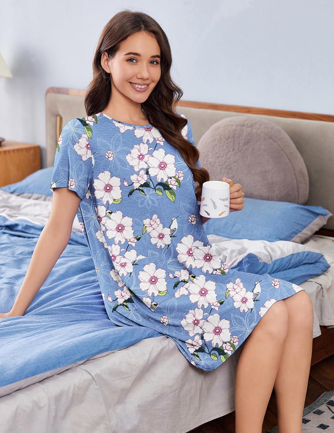 imageDeyeek Hospital Gowns for Women Open Back Tear Away Snap Nursing Dress Short Sleeve Soft Adaptive Clothing With PocketsLight Blue Print