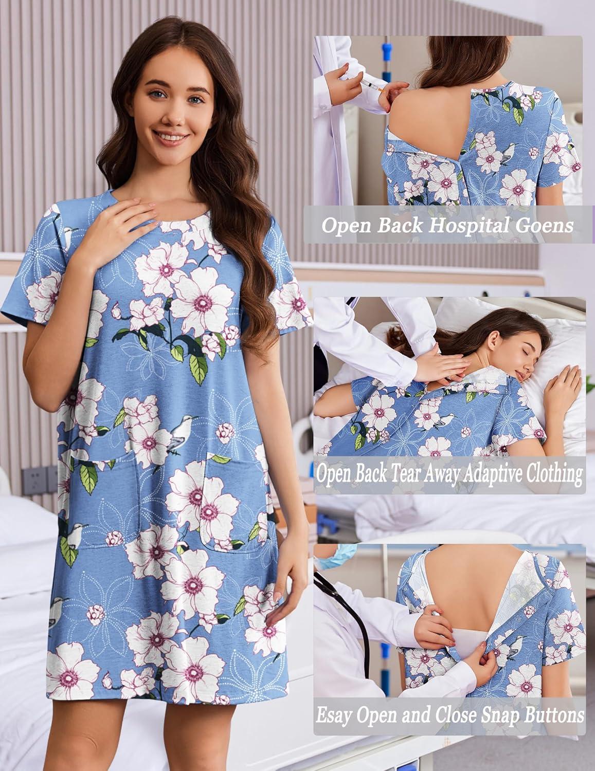 imageDeyeek Hospital Gowns for Women Open Back Tear Away Snap Nursing Dress Short Sleeve Soft Adaptive Clothing With PocketsLight Blue Print