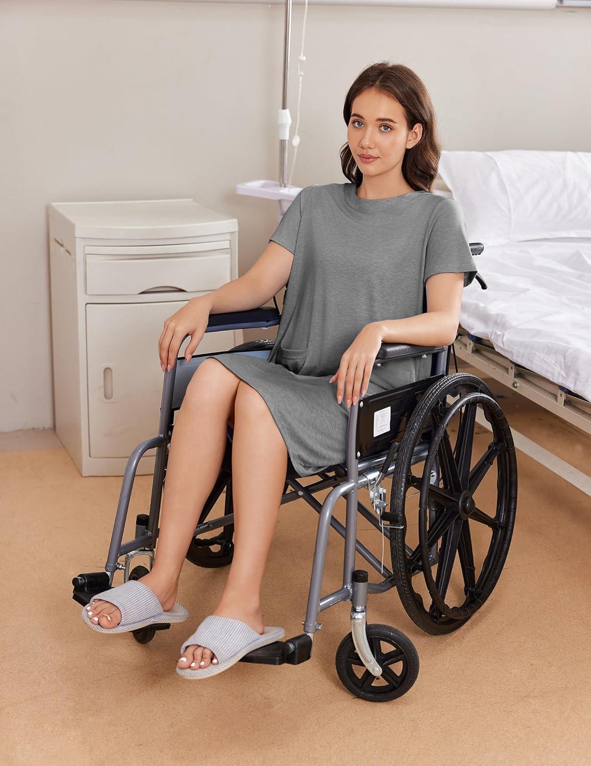 imageDeyeek Hospital Gowns for Women Open Back Tear Away Snap Nursing Dress Short Sleeve Soft Adaptive Clothing With PocketsLight Gray