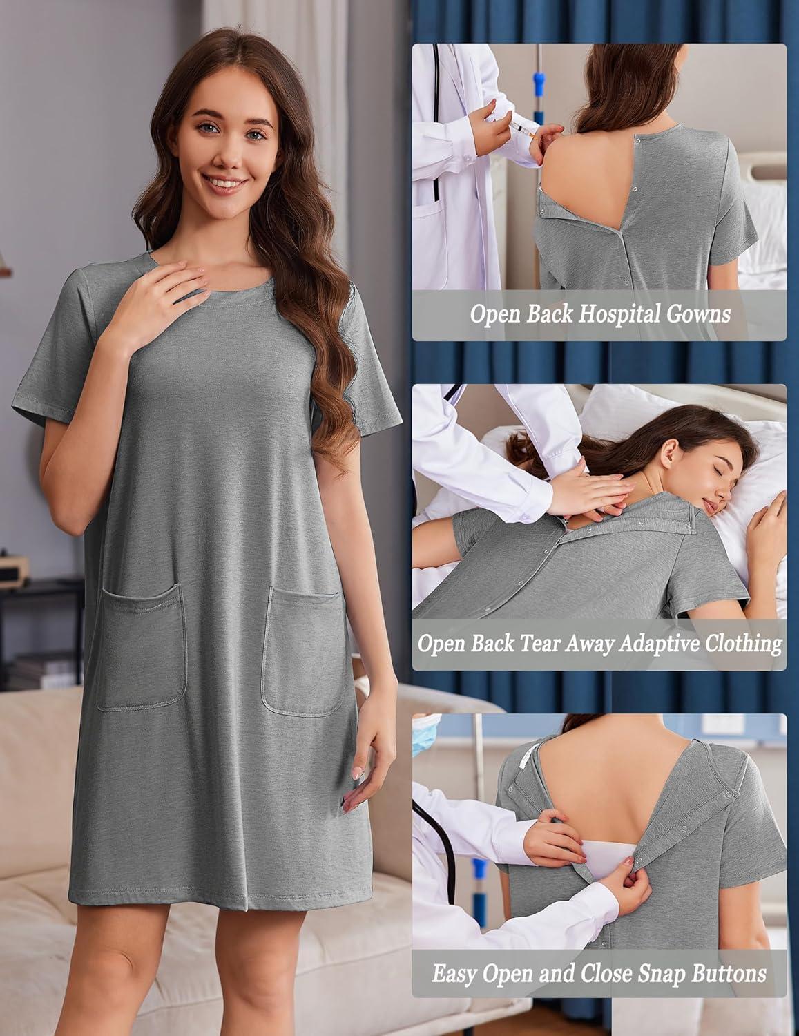 imageDeyeek Hospital Gowns for Women Open Back Tear Away Snap Nursing Dress Short Sleeve Soft Adaptive Clothing With PocketsLight Gray