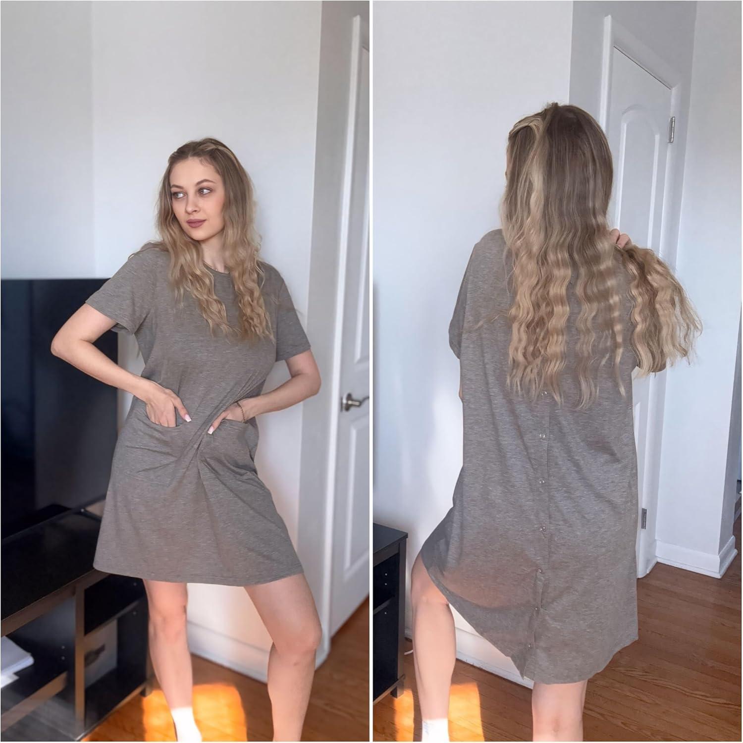 imageDeyeek Hospital Gowns for Women Open Back Tear Away Snap Nursing Dress Short Sleeve Soft Adaptive Clothing With PocketsLight Gray