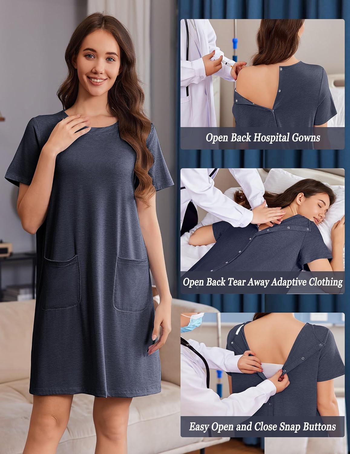 imageDeyeek Hospital Gowns for Women Open Back Tear Away Snap Nursing Dress Short Sleeve Soft Adaptive Clothing With PocketsNavy
