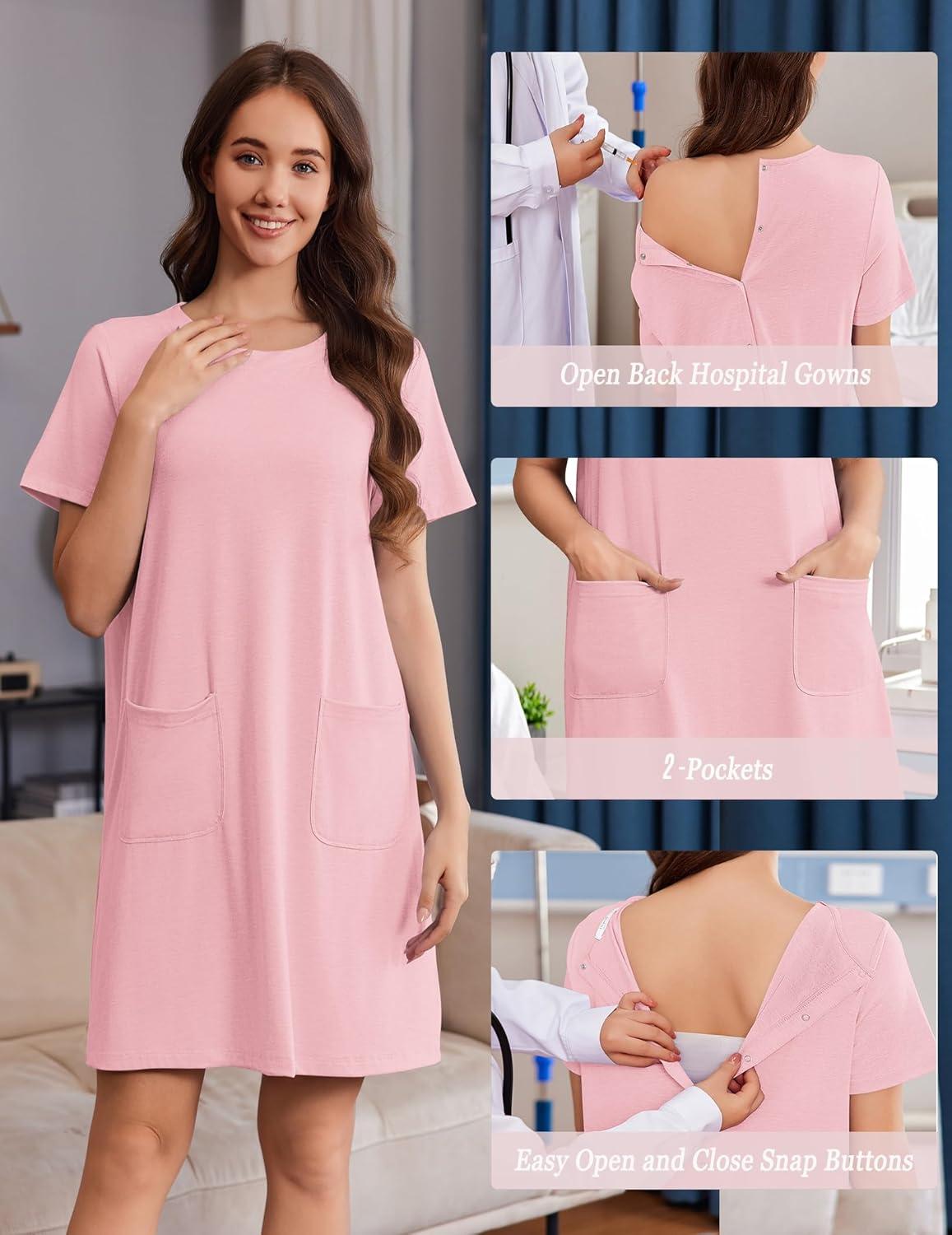 imageDeyeek Hospital Gowns for Women Open Back Tear Away Snap Nursing Dress Short Sleeve Soft Adaptive Clothing With PocketsPink