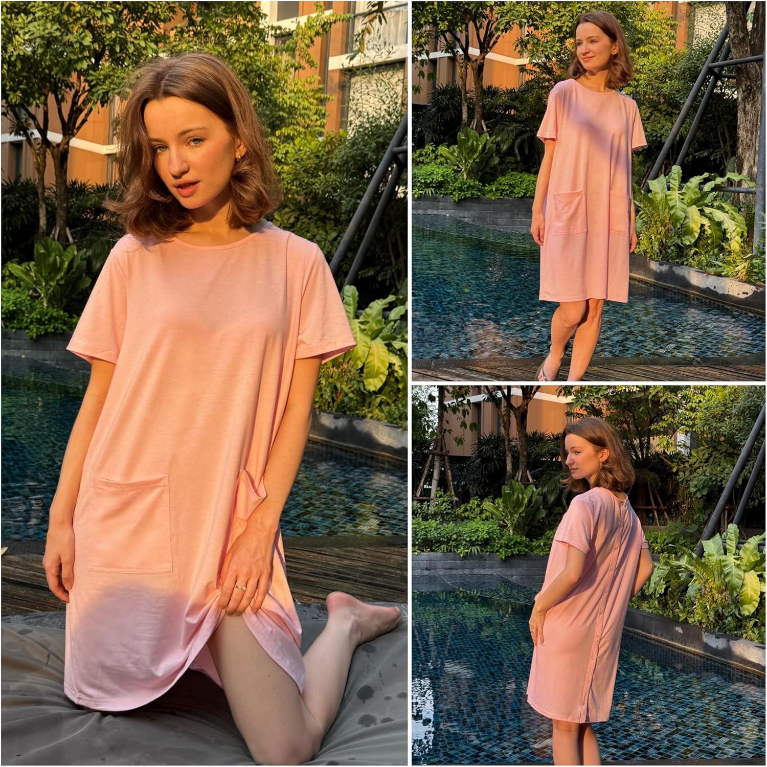 imageDeyeek Hospital Gowns for Women Open Back Tear Away Snap Nursing Dress Short Sleeve Soft Adaptive Clothing With PocketsPink