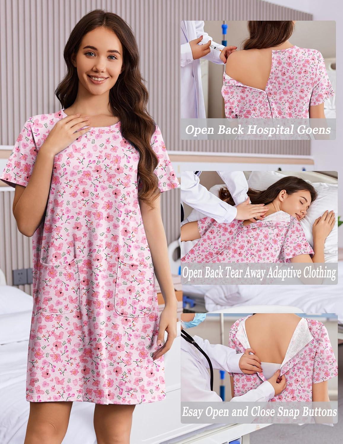 imageDeyeek Hospital Gowns for Women Open Back Tear Away Snap Nursing Dress Short Sleeve Soft Adaptive Clothing With PocketsPink Print