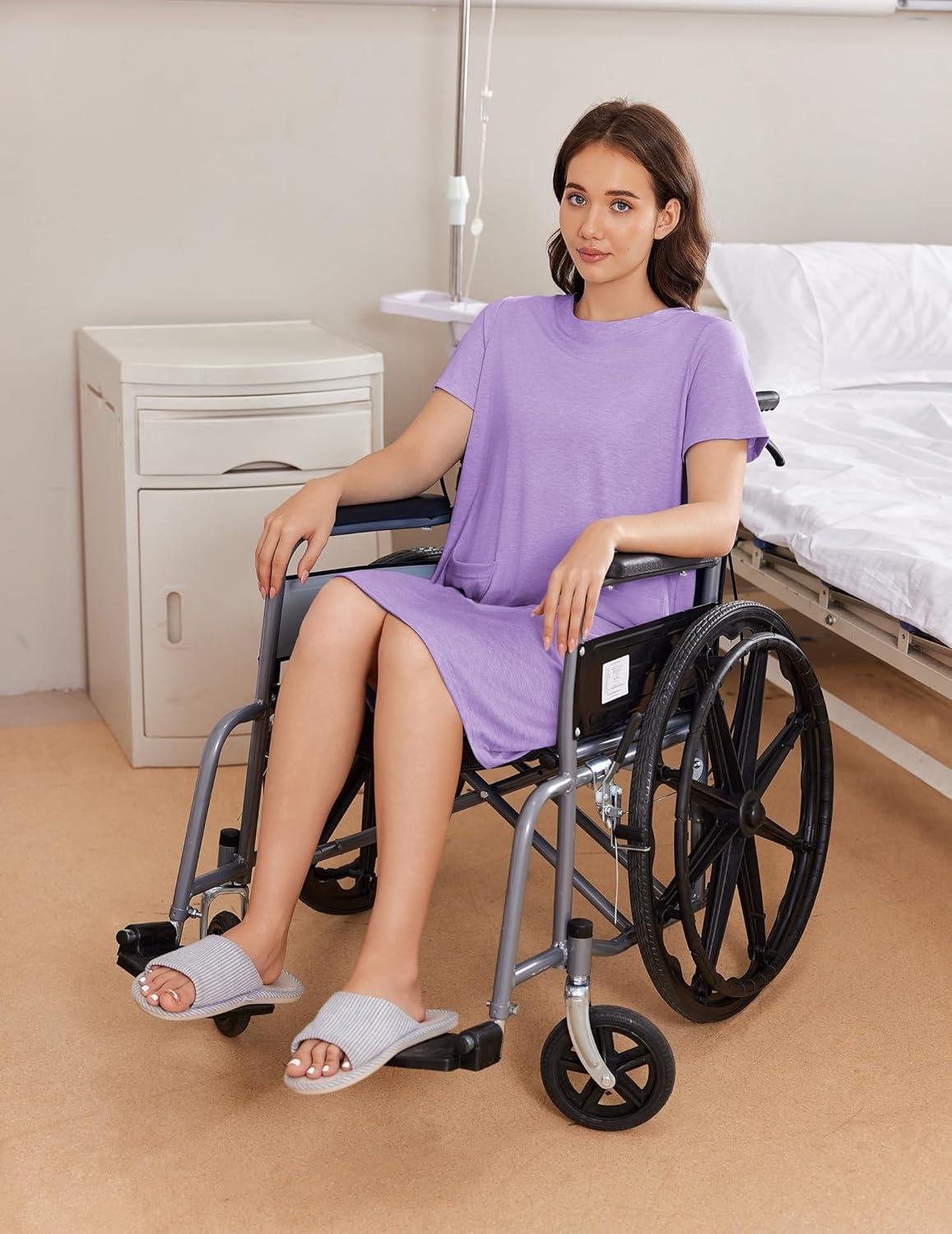 imageDeyeek Hospital Gowns for Women Open Back Tear Away Snap Nursing Dress Short Sleeve Soft Adaptive Clothing With PocketsPurple