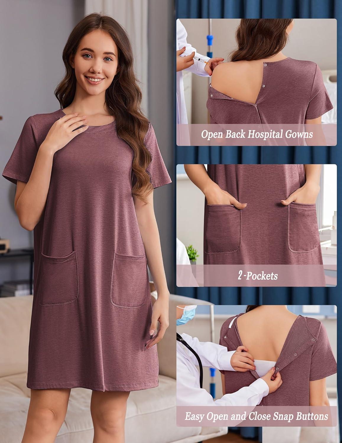 imageDeyeek Hospital Gowns for Women Open Back Tear Away Snap Nursing Dress Short Sleeve Soft Adaptive Clothing With PocketsRed