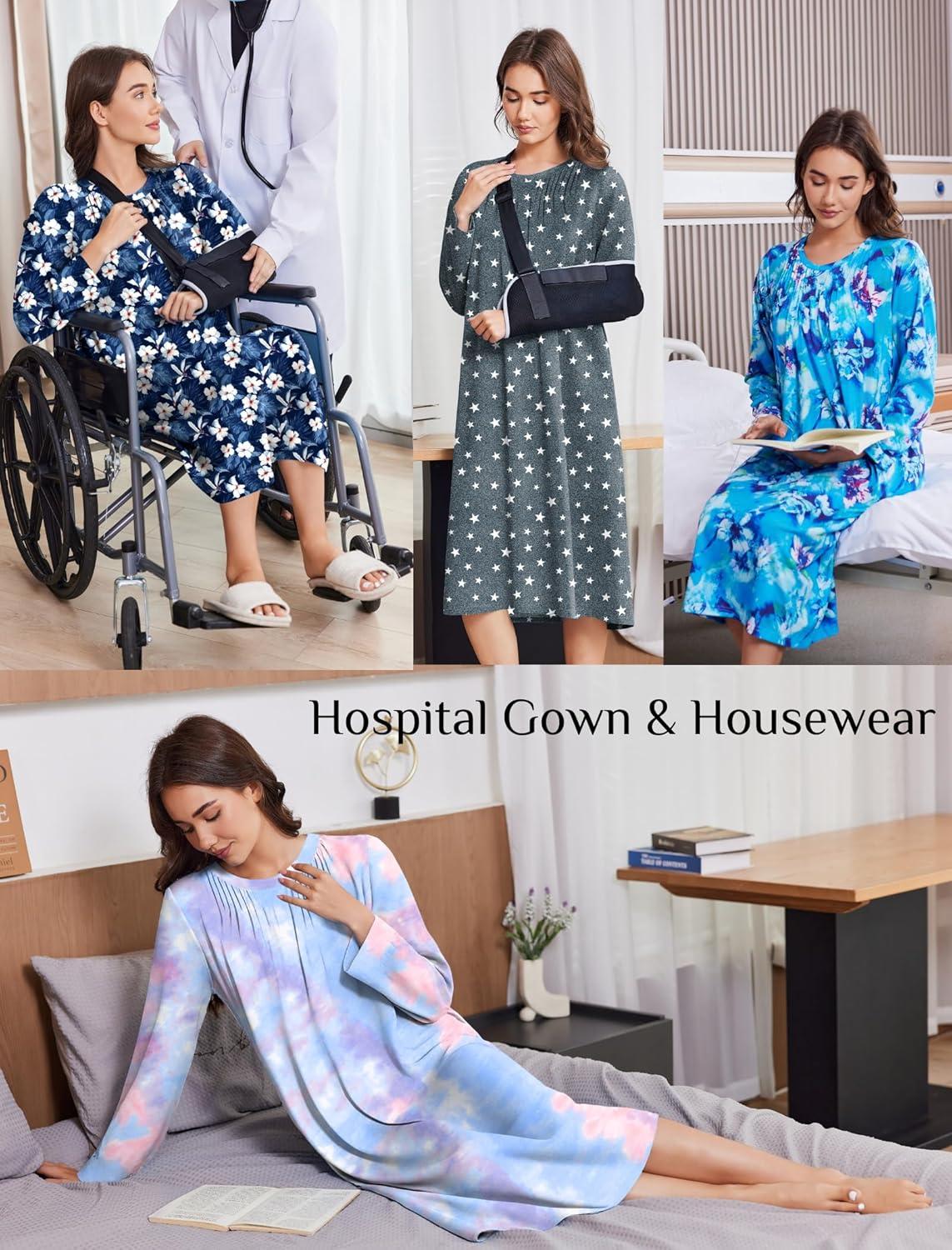 imageDeyeek Hospital Gowns for Women Post Shoulder Surgery Open Back Adaptive clothing lounge dress for PatientsampSeniors NightgownDeep Blue Print