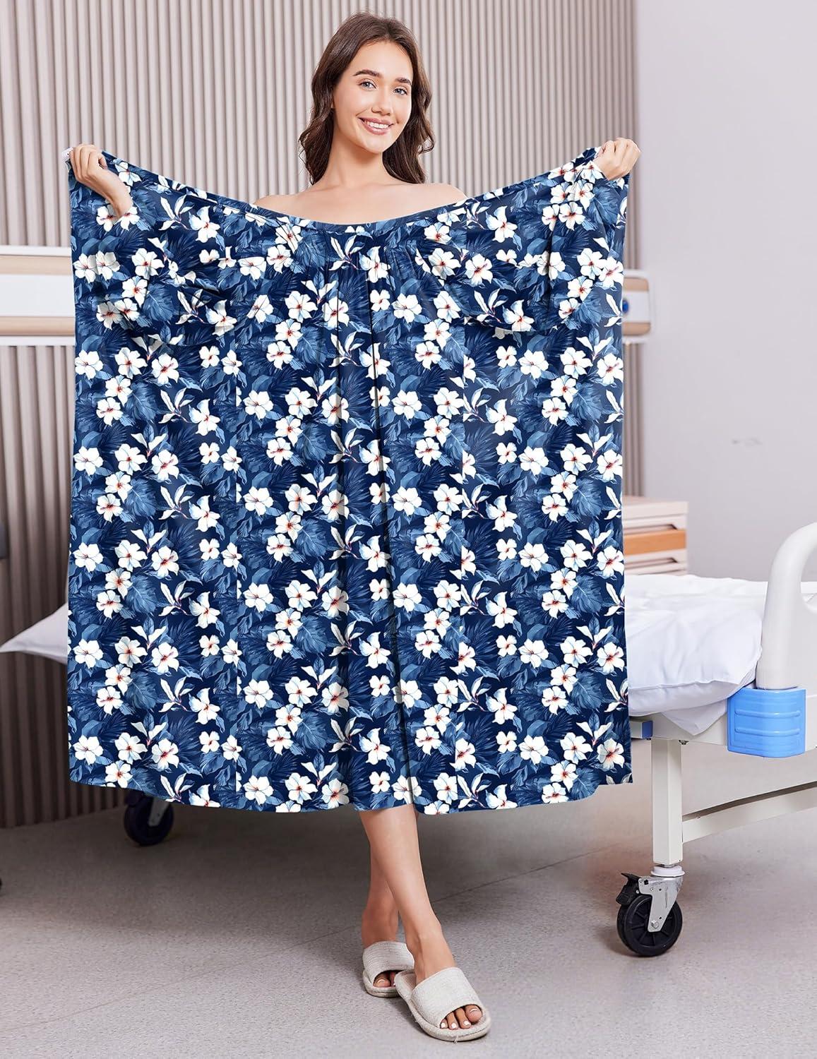 imageDeyeek Hospital Gowns for Women Post Shoulder Surgery Open Back Adaptive clothing lounge dress for PatientsampSeniors NightgownDeep Blue Print