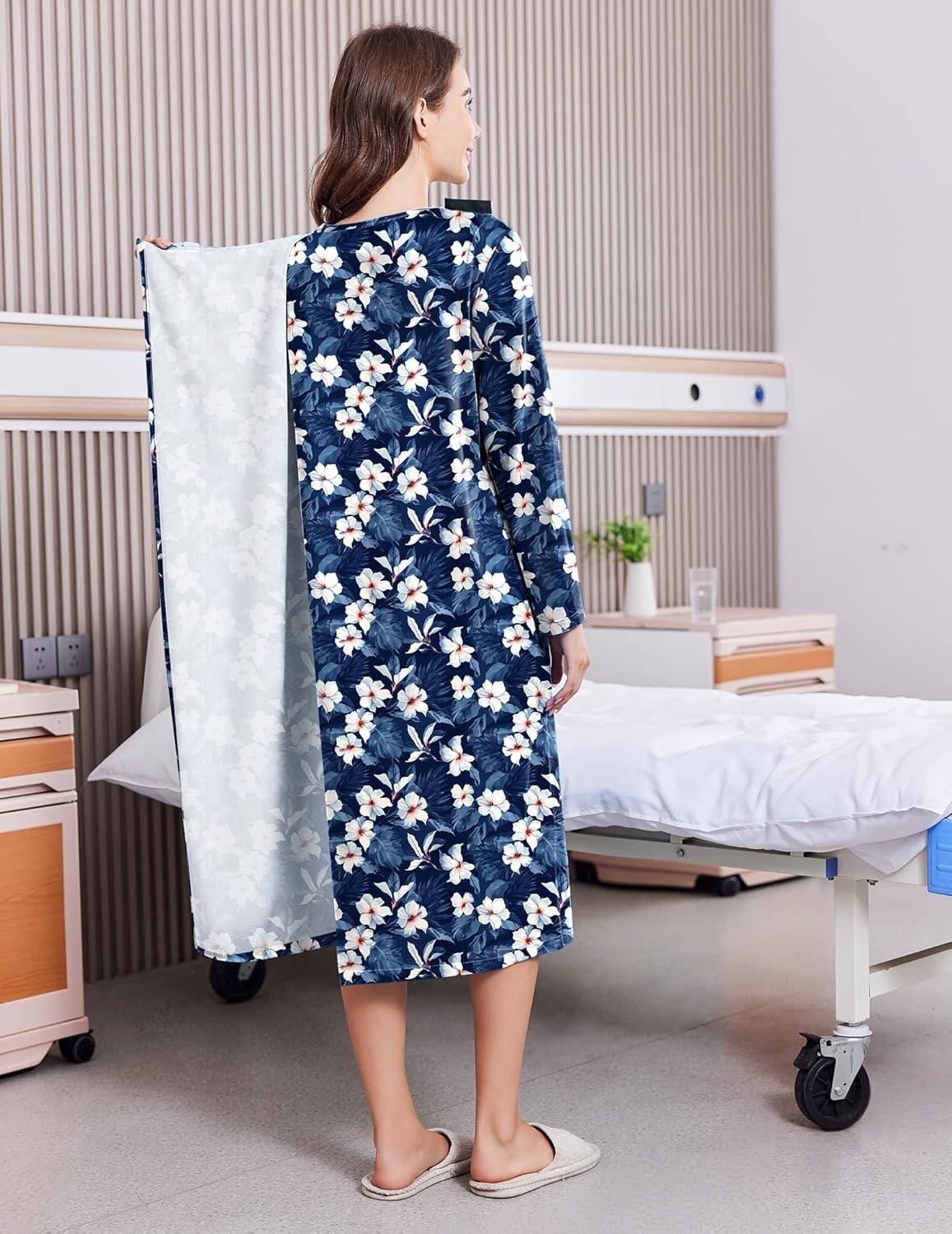 imageDeyeek Hospital Gowns for Women Post Shoulder Surgery Open Back Adaptive clothing lounge dress for PatientsampSeniors NightgownDeep Blue Print