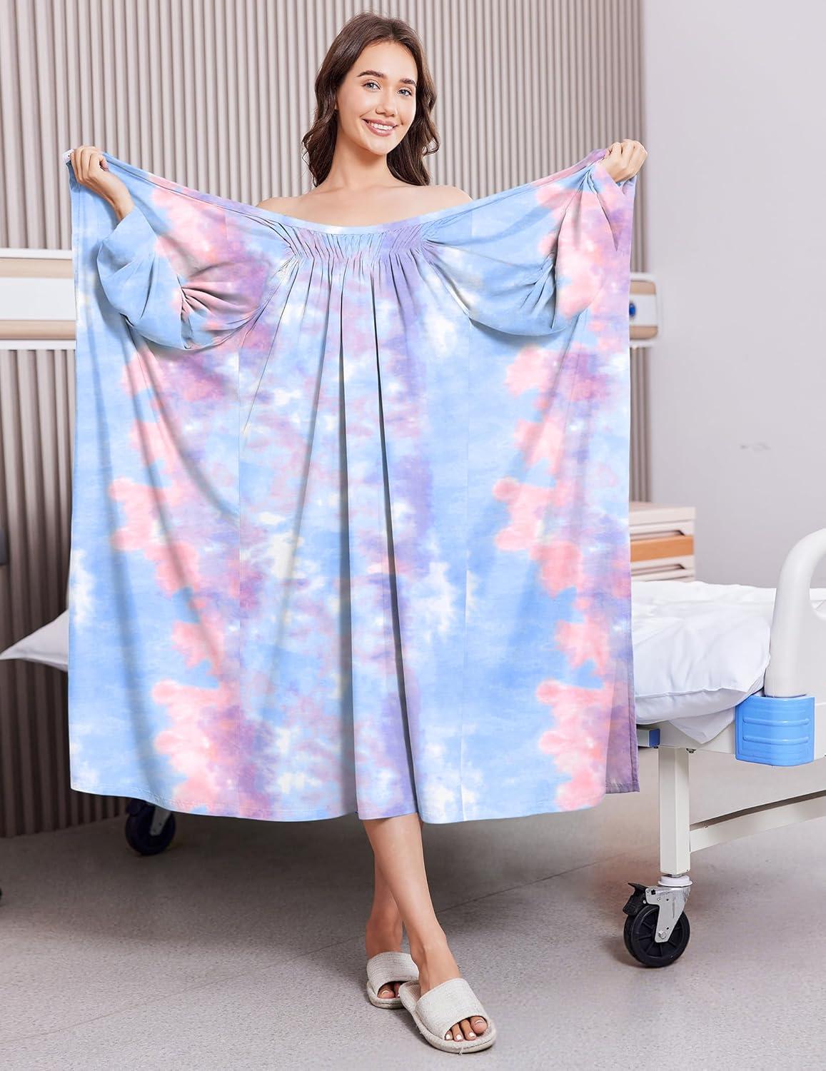 imageDeyeek Hospital Gowns for Women Post Shoulder Surgery Open Back Adaptive clothing lounge dress for PatientsampSeniors NightgownPink Tiedye