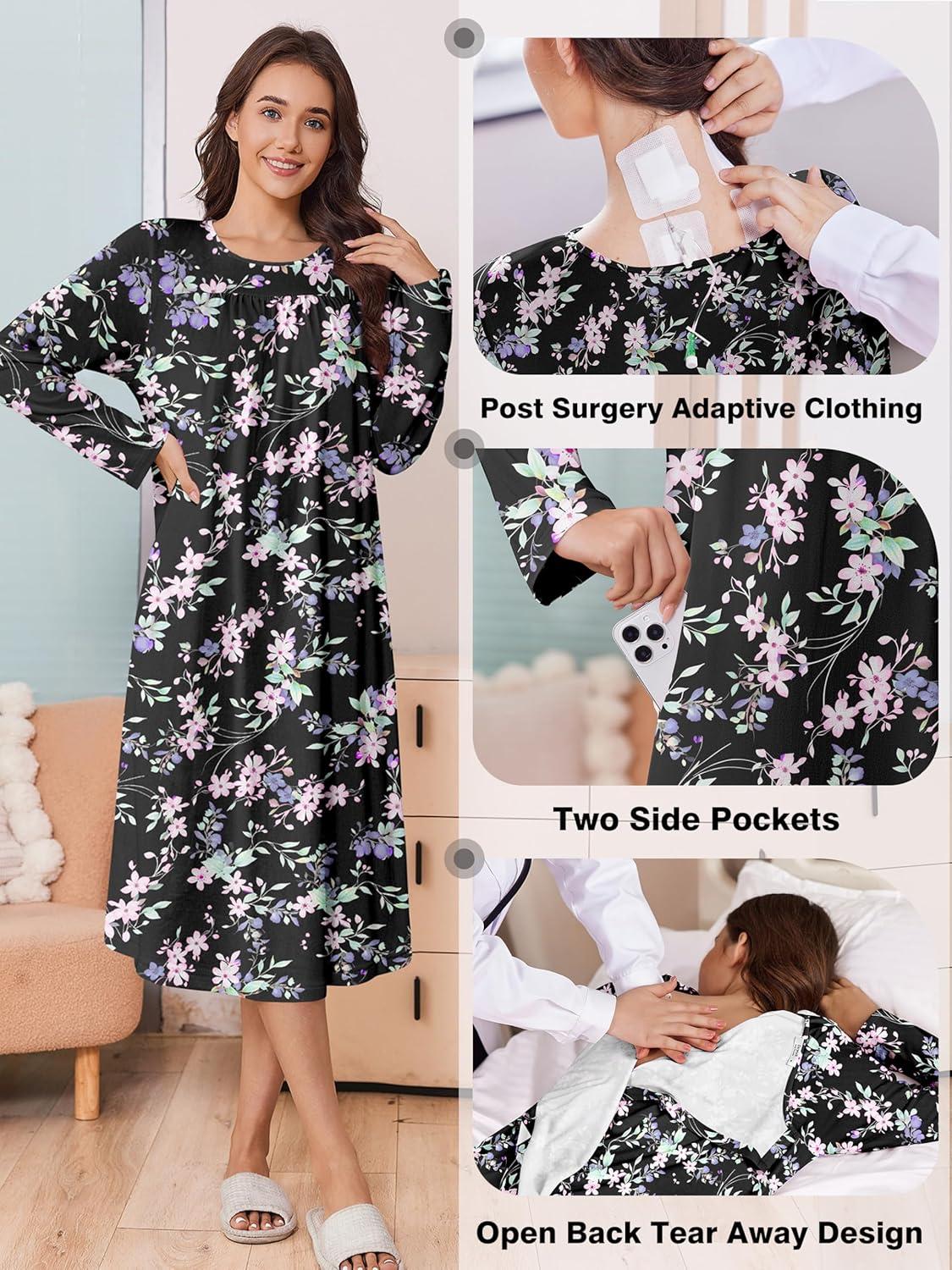 imageDeyeek Hospital Gowns for Women Tear Away Snap Open Back Dress Long Sleeve Post Surgery Adaptive Nightgown with PocketsBlack Print