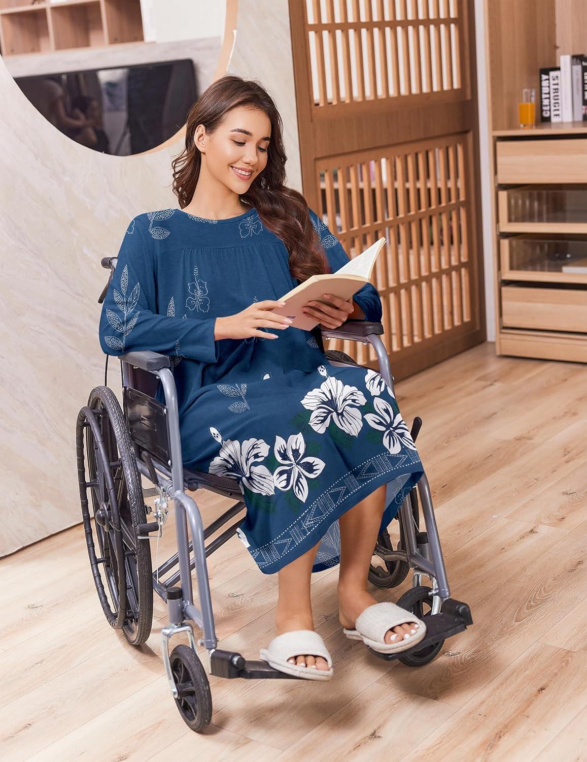 imageDeyeek Hospital Gowns for Women Tear Away Snap Open Back Dress Long Sleeve Post Surgery Adaptive Nightgown with PocketsDark Blue Print