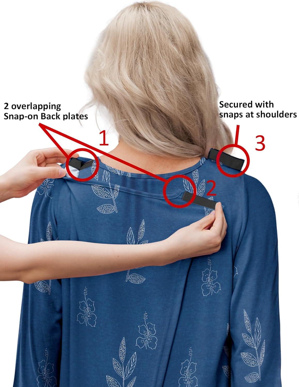 imageDeyeek Hospital Gowns for Women Tear Away Snap Open Back Dress Long Sleeve Post Surgery Adaptive Nightgown with PocketsDark Blue Print