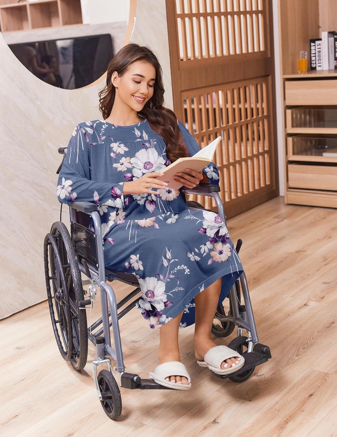 imageDeyeek Hospital Gowns for Women Tear Away Snap Open Back Dress Long Sleeve Post Surgery Adaptive Nightgown with PocketsPurple Print