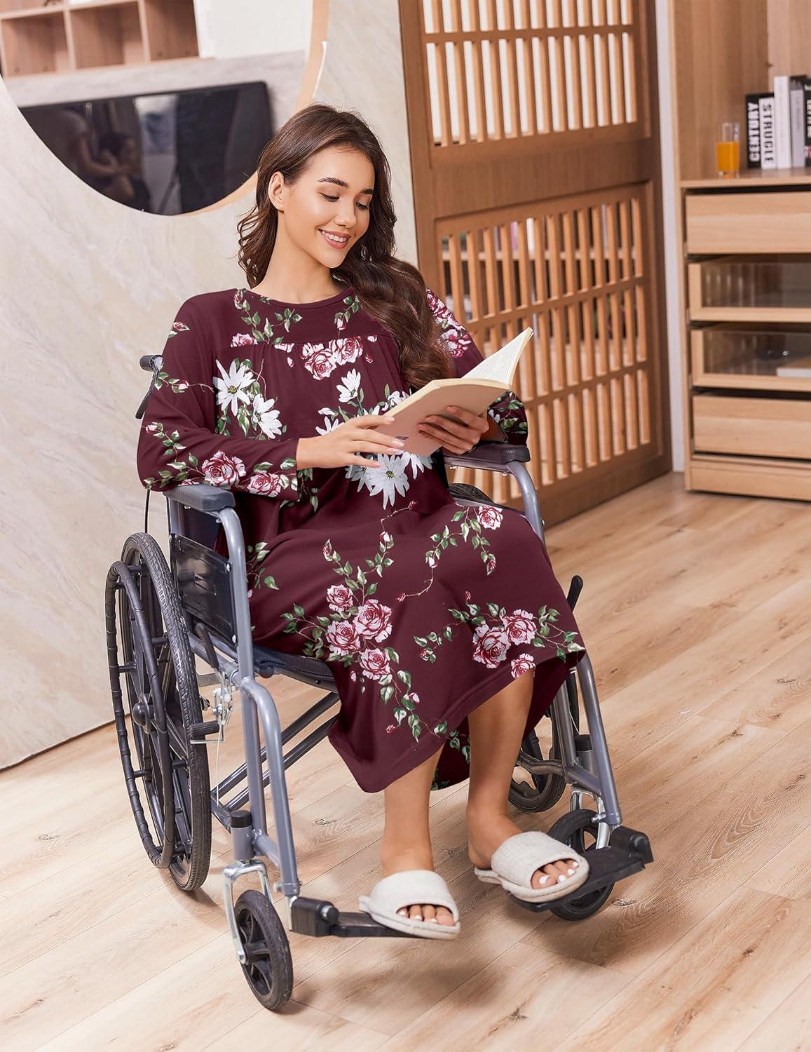 imageDeyeek Hospital Gowns for Women Tear Away Snap Open Back Dress Long Sleeve Post Surgery Adaptive Nightgown with PocketsRed Print