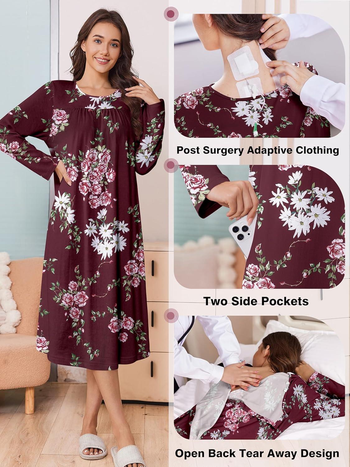 imageDeyeek Hospital Gowns for Women Tear Away Snap Open Back Dress Long Sleeve Post Surgery Adaptive Nightgown with PocketsRed Print