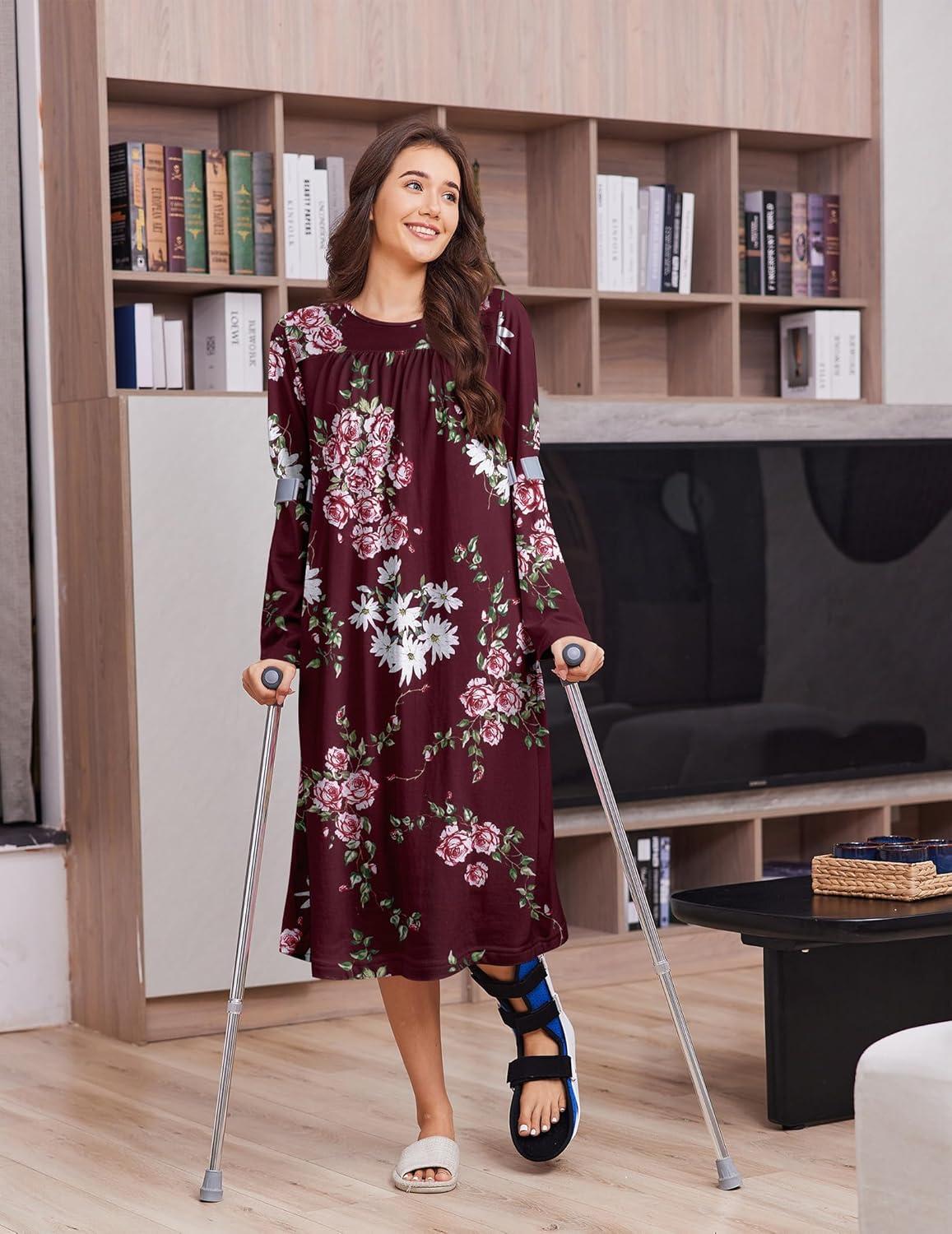 imageDeyeek Hospital Gowns for Women Tear Away Snap Open Back Dress Long Sleeve Post Surgery Adaptive Nightgown with PocketsRed Print