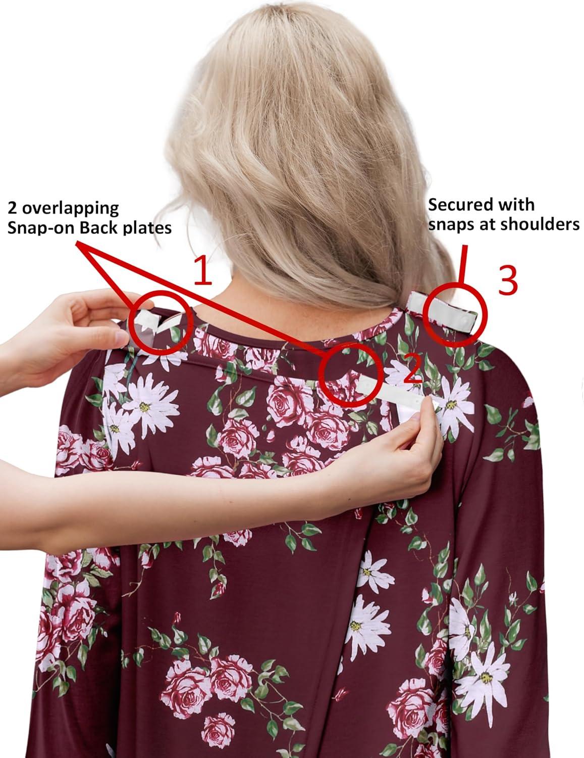 imageDeyeek Hospital Gowns for Women Tear Away Snap Open Back Dress Long Sleeve Post Surgery Adaptive Nightgown with PocketsRed Print