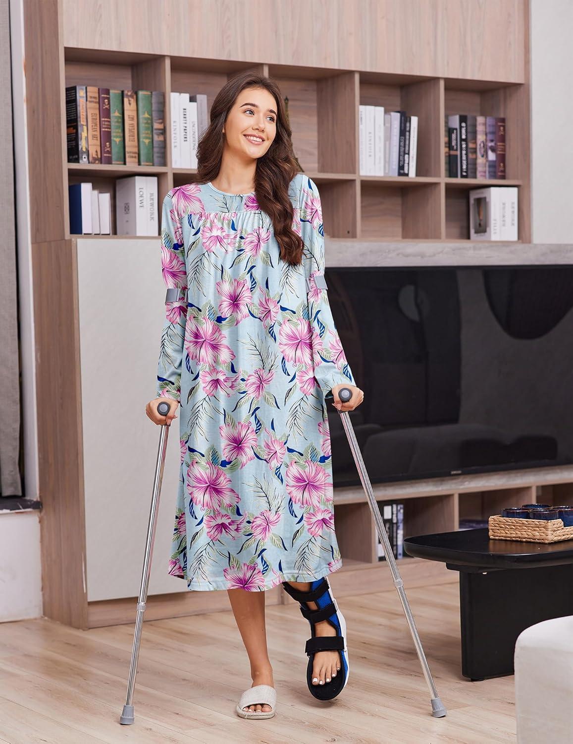imageDeyeek Hospital Gowns for Women Tear Away Snap Open Back Dress Long Sleeve Post Surgery Adaptive Nightgown with PocketsRose Pink Green Print