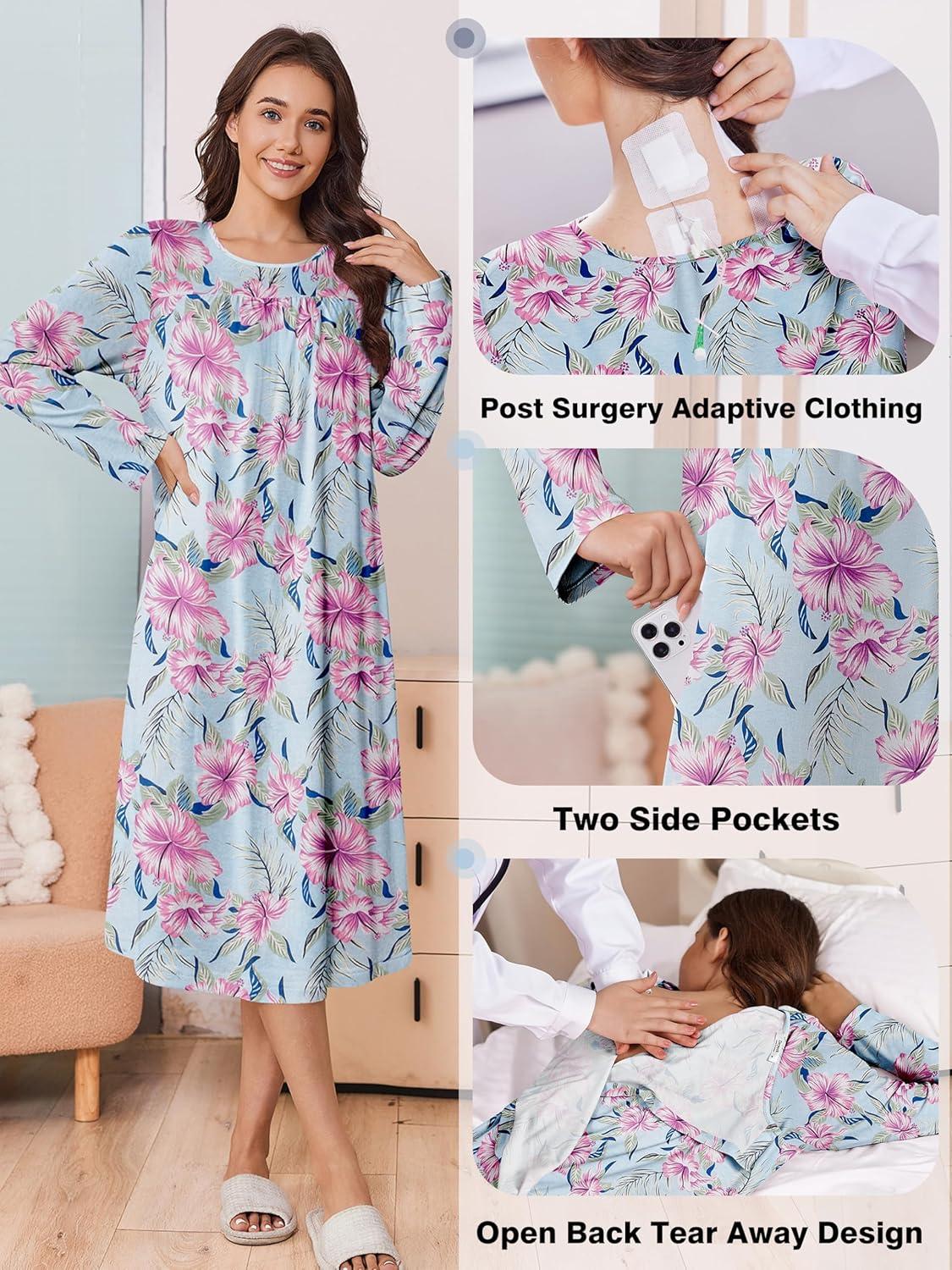 imageDeyeek Hospital Gowns for Women Tear Away Snap Open Back Dress Long Sleeve Post Surgery Adaptive Nightgown with PocketsRose Pink Green Print