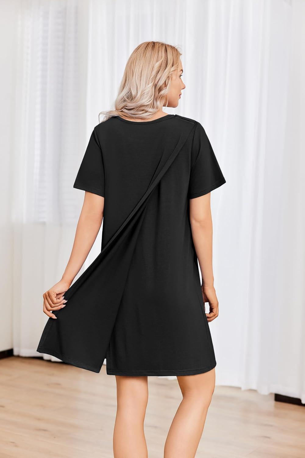 imageDeyeek Hospital Gowns for Women Tear Away Snap Open Back Dress Post Shoulder Surgery Dresses Soft Adaptive Clothing NightgownBlack