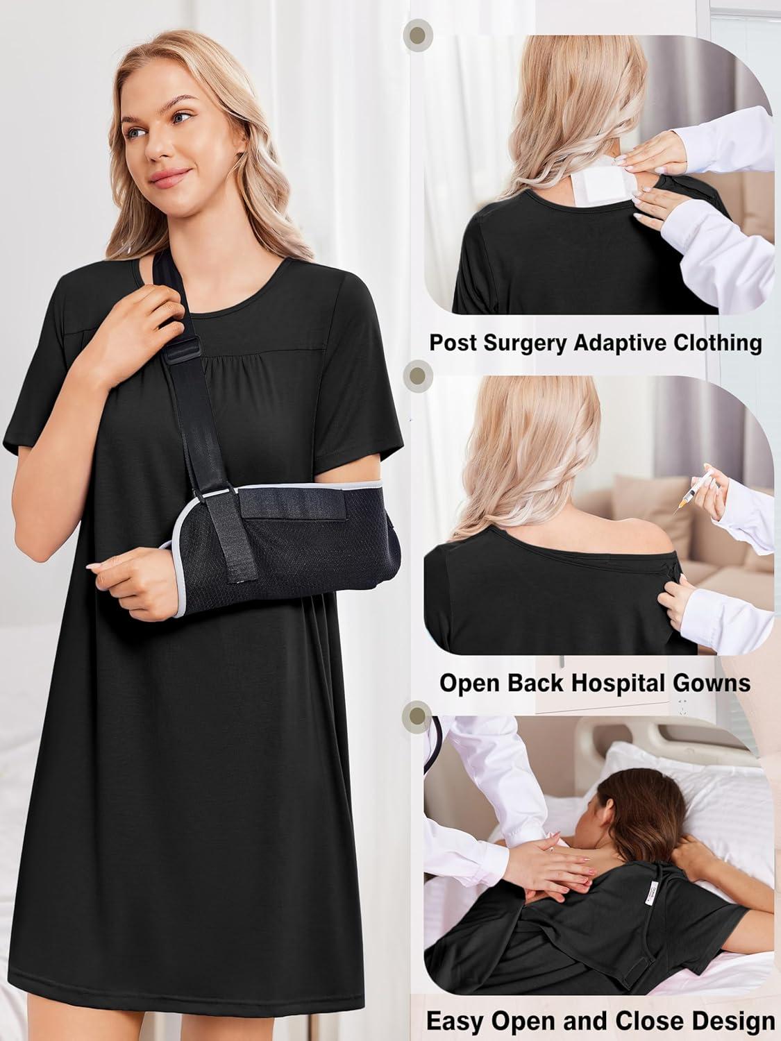 imageDeyeek Hospital Gowns for Women Tear Away Snap Open Back Dress Post Shoulder Surgery Dresses Soft Adaptive Clothing NightgownBlack