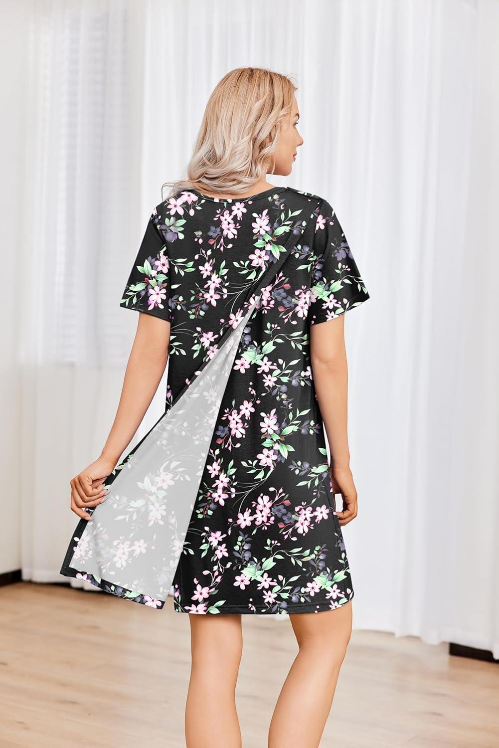 imageDeyeek Hospital Gowns for Women Tear Away Snap Open Back Dress Post Shoulder Surgery Dresses Soft Adaptive Clothing NightgownBlack Print