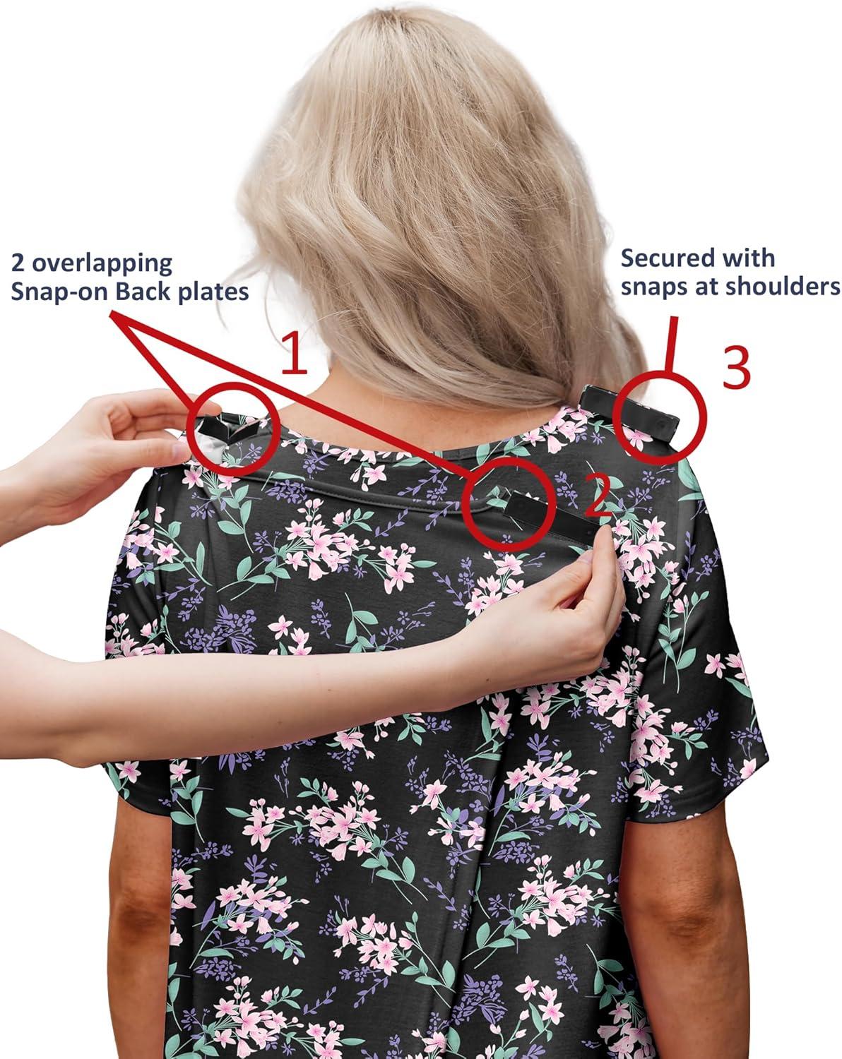 imageDeyeek Hospital Gowns for Women Tear Away Snap Open Back Dress Post Shoulder Surgery Dresses Soft Adaptive Clothing NightgownBlack Print