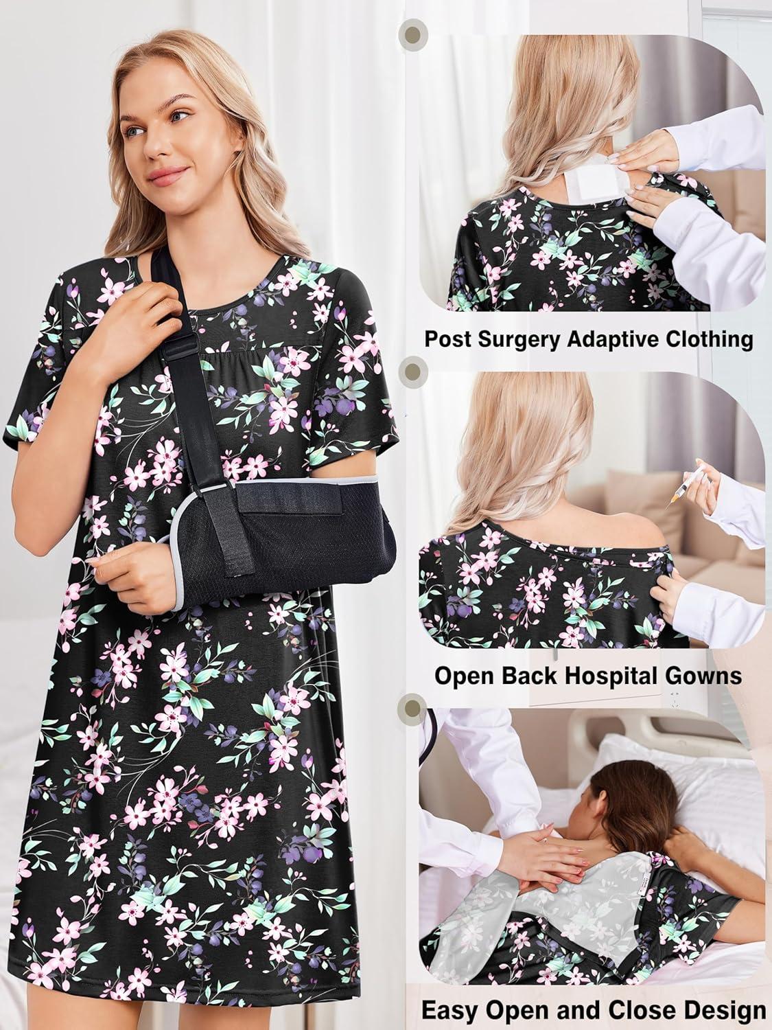imageDeyeek Hospital Gowns for Women Tear Away Snap Open Back Dress Post Shoulder Surgery Dresses Soft Adaptive Clothing NightgownBlack Print