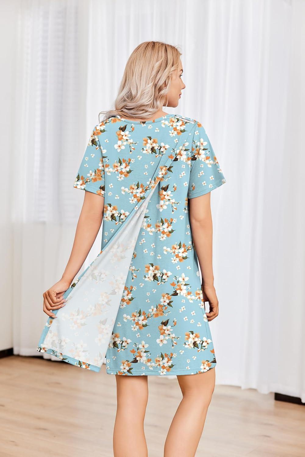 imageDeyeek Hospital Gowns for Women Tear Away Snap Open Back Dress Post Shoulder Surgery Dresses Soft Adaptive Clothing NightgownBlue Green Print