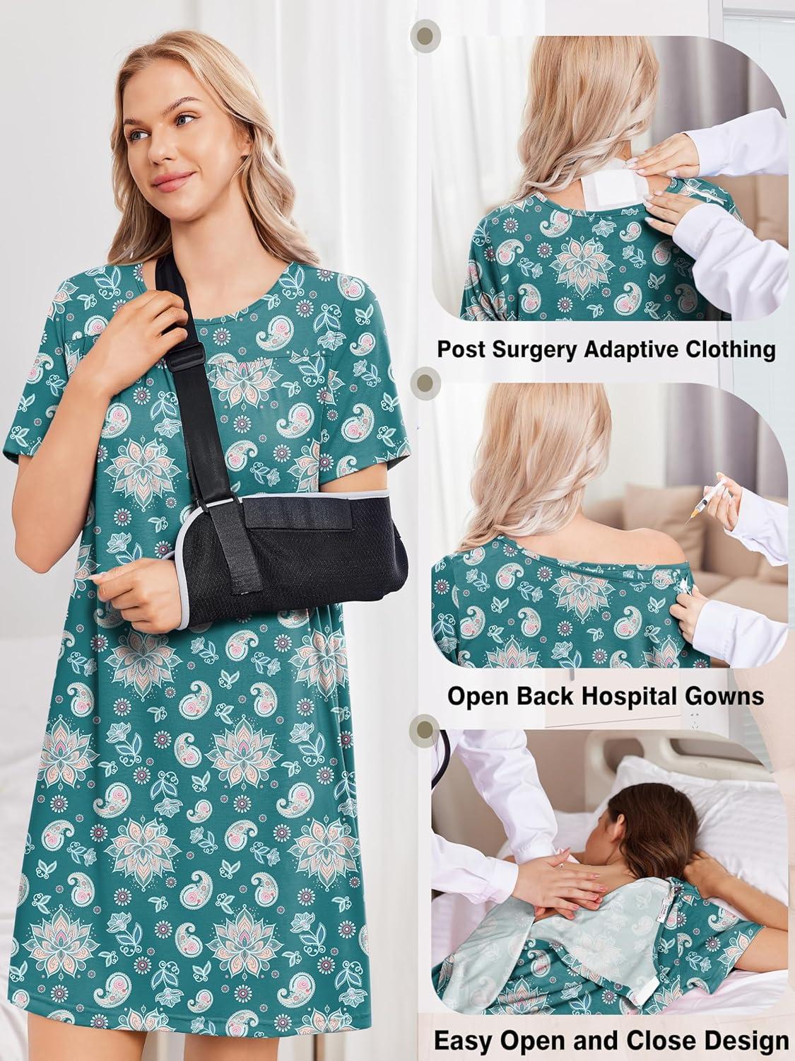 imageDeyeek Hospital Gowns for Women Tear Away Snap Open Back Dress Post Shoulder Surgery Dresses Soft Adaptive Clothing NightgownBlue Print
