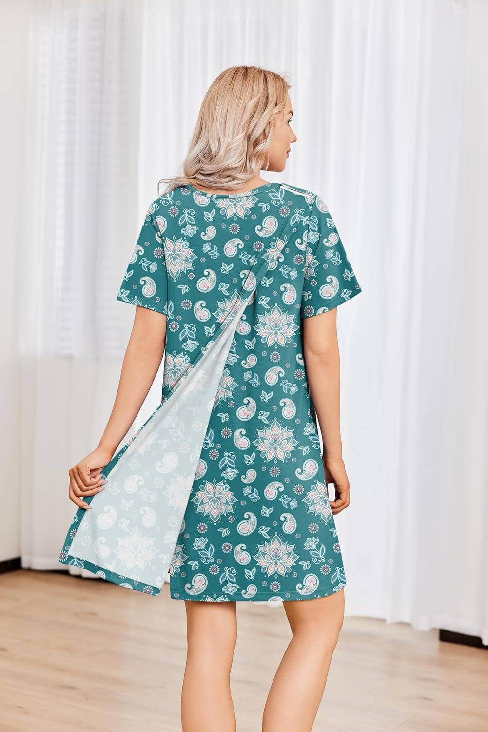 imageDeyeek Hospital Gowns for Women Tear Away Snap Open Back Dress Post Shoulder Surgery Dresses Soft Adaptive Clothing NightgownBlue Print