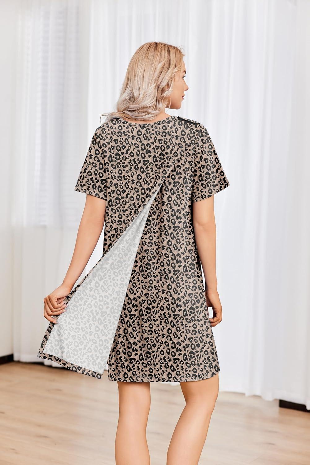 imageDeyeek Hospital Gowns for Women Tear Away Snap Open Back Dress Post Shoulder Surgery Dresses Soft Adaptive Clothing NightgownLeopard