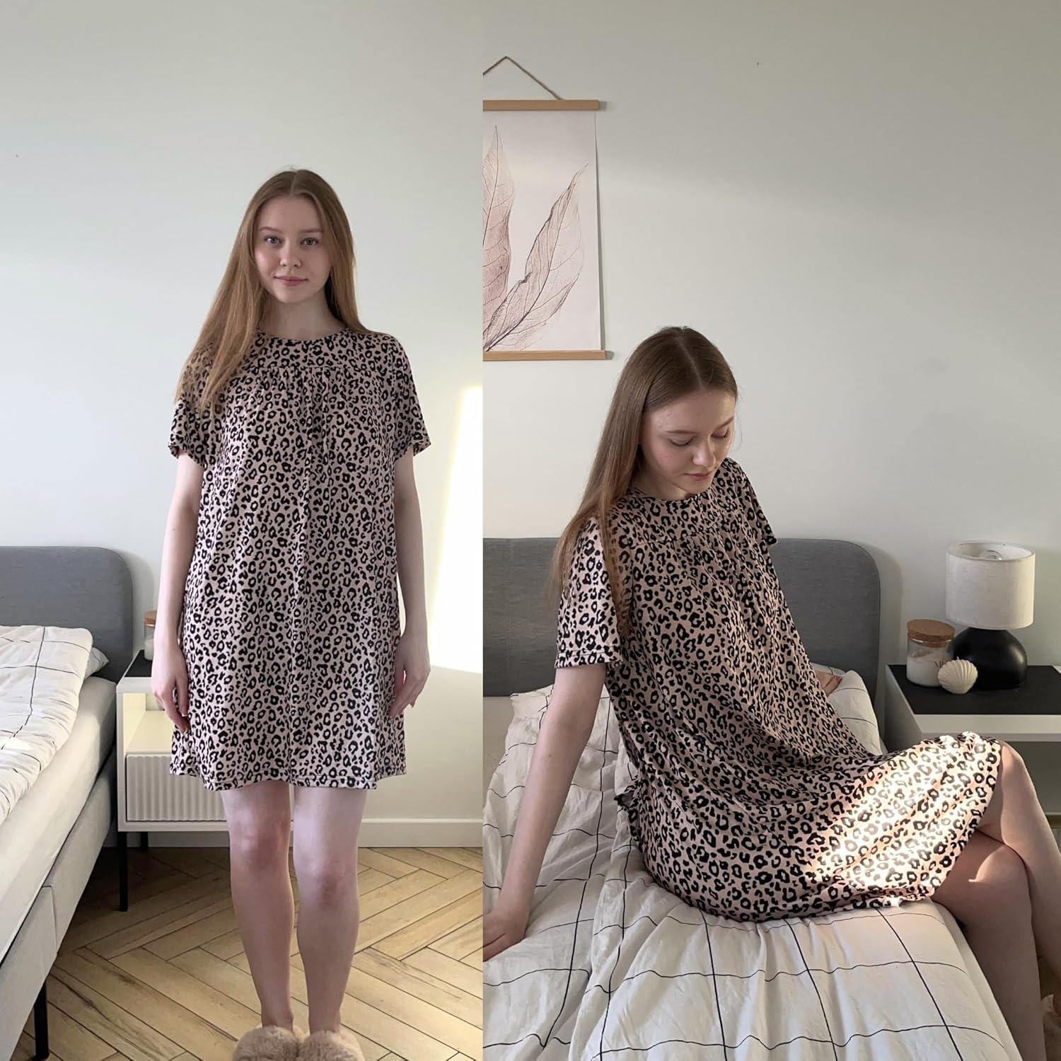 imageDeyeek Hospital Gowns for Women Tear Away Snap Open Back Dress Post Shoulder Surgery Dresses Soft Adaptive Clothing NightgownLeopard