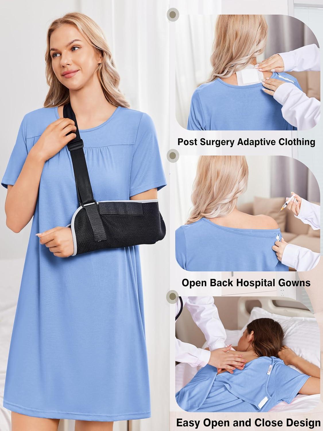 imageDeyeek Hospital Gowns for Women Tear Away Snap Open Back Dress Post Shoulder Surgery Dresses Soft Adaptive Clothing NightgownLight Blue