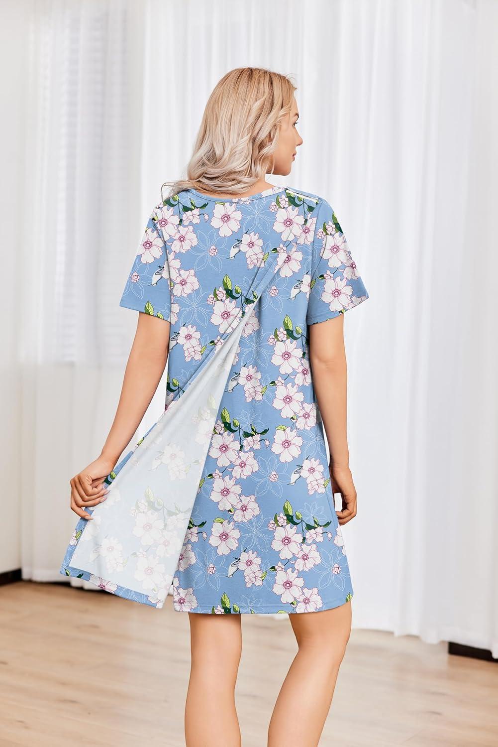 imageDeyeek Hospital Gowns for Women Tear Away Snap Open Back Dress Post Shoulder Surgery Dresses Soft Adaptive Clothing NightgownLight Blue Print